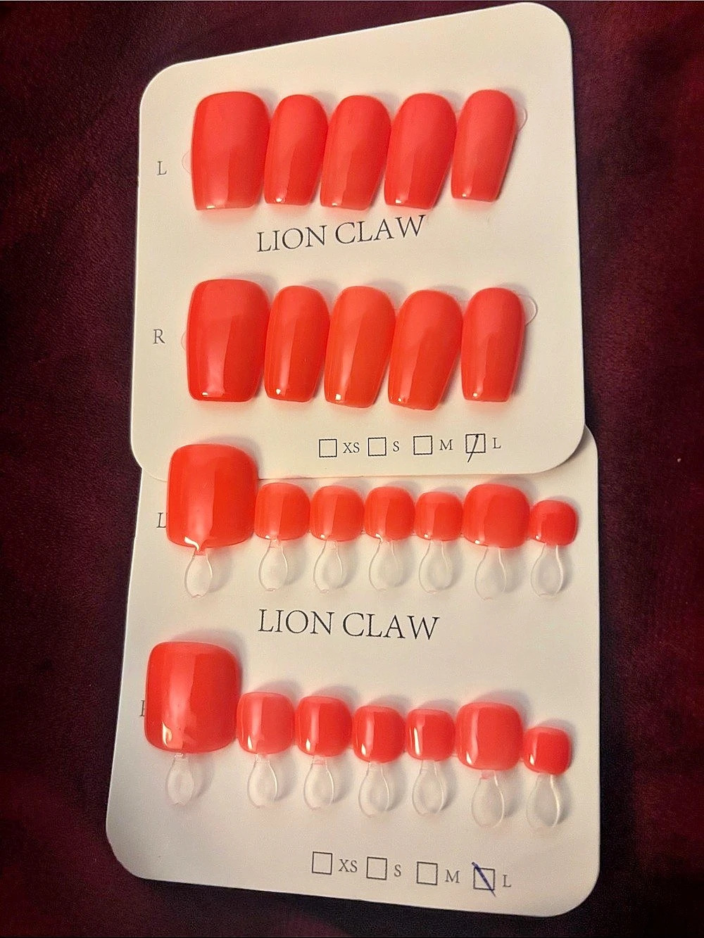 LION CLAW Press-On Nails Set Shiny Medium Square Full Cover Finger and Toe Red